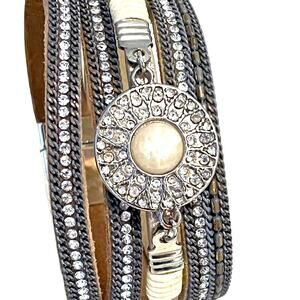 4 Band Leather Rhinestones BRACELET White Tiger Eye Cabochon 7.5” Magnetic Clasp